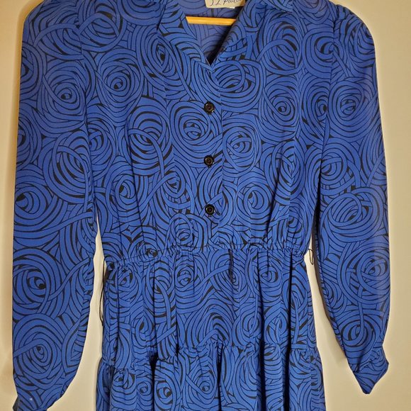 Spiral Jetty Printed Blue & Black Long Sleeve 80s Button-Up Dress - Picture 3 of 8